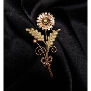 Rare Find Vintage VAN DELL 12K Gold Filled Floral Brooch Pin With Dainty Bow Det